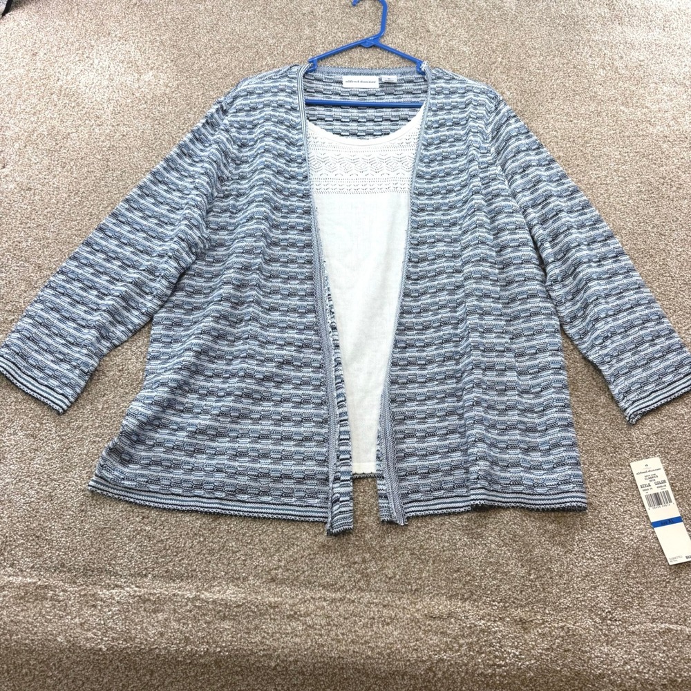 Alfred Dunner Womens XL Blue White Knit Cardigan NEW Textured Geometric Spring